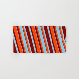[ Thumbnail: Sky Blue, Red, and Maroon Colored Pattern of Stripes Hand & Bath Towel ]