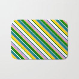 [ Thumbnail: Colorful Teal, Plum, Yellow, Green & White Colored Striped Pattern Bath Mat ]