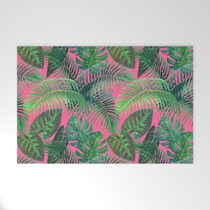 Tropical Palm Leaves On Pink Welcome Mat