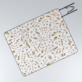 Gold Musical Notation Pattern on White Picnic Blanket