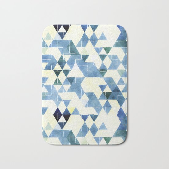Abstract Blue Triangles, Watercolor Pattern Bath Mat