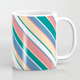 [ Thumbnail: Light Coral, Tan, Teal, White & Blue Colored Striped/Lined Pattern Coffee Mug ]