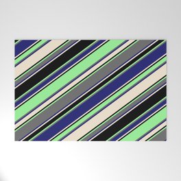 [ Thumbnail: Vibrant Green, Dim Grey, Midnight Blue, Beige & Black Colored Striped Pattern Welcome Mat ]