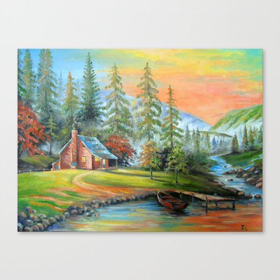 House at the mountain river Canvas Print