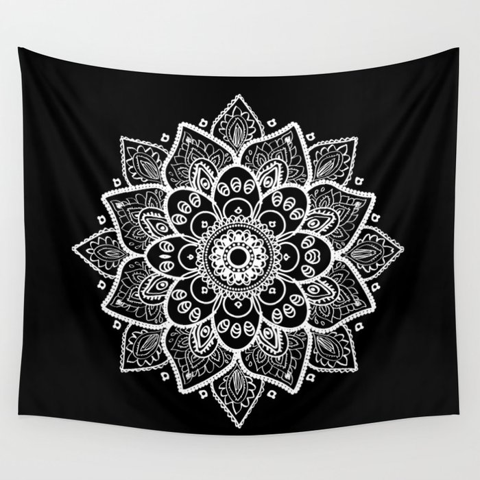 White Mandala On Black Wall Tapestry by ArtOnWear Society6