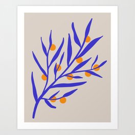 retro oranges on a cobalt blue branch | matisse inspired flowers Art Print