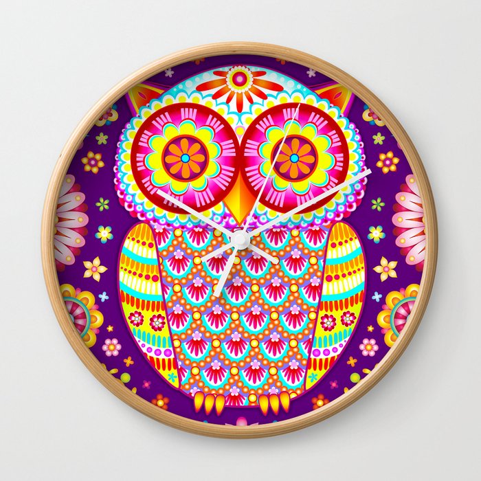 Colorful Owl Art Wall Clock By Thaneeya Society6 - Colorful Owl Wall Clocks