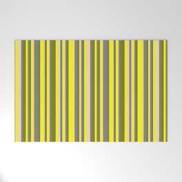 [ Thumbnail: Green, Yellow, Tan & Grey Colored Lined/Striped Pattern Welcome Mat ]