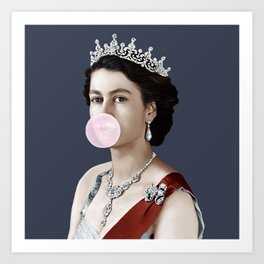 Queen Elizabeth II blowing a pink bubble gum Art Print
