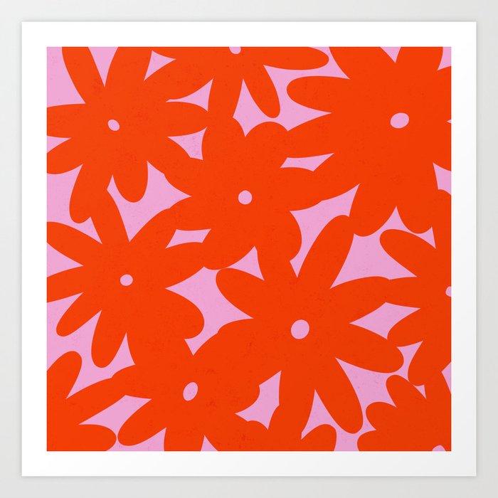 Retro 70s Bold Flowers Pattern Orange Pink Art Print