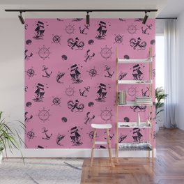Pink And Blue Silhouettes Of Vintage Nautical Pattern Wall Mural