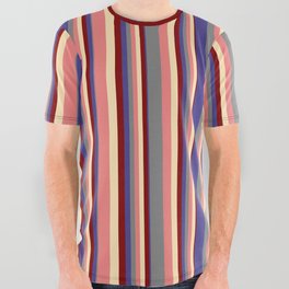[ Thumbnail: Eyecatching Grey, Dark Slate Blue, Maroon, Beige, and Light Coral Colored Striped Pattern All Over Graphic Tee ]