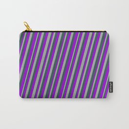 [ Thumbnail: Dark Violet, Dark Gray, and Dark Slate Gray Colored Striped Pattern Carry-All Pouch ]