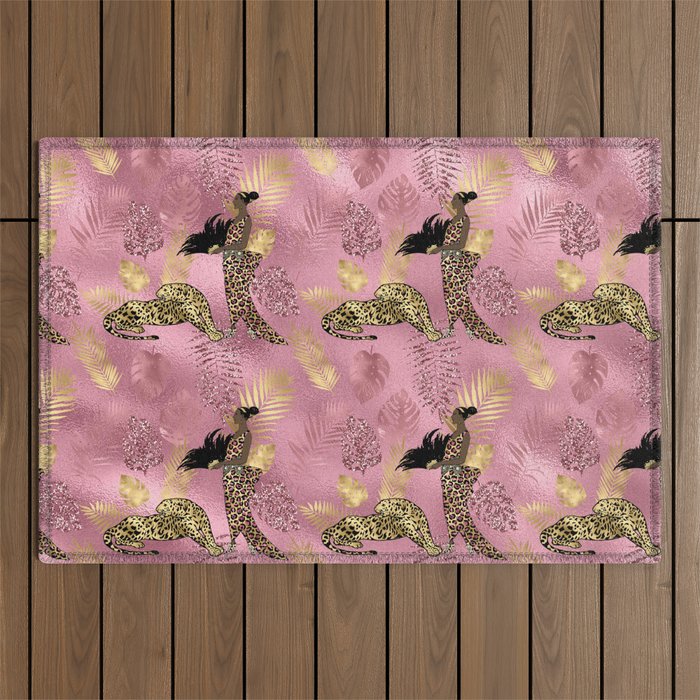 Beautiful Pink and Gold Leopard Design Pattern Outdoor Rug