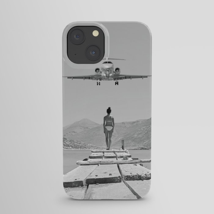 Steady As She Goes; aircraft coming in for an island landing black and white photography- photographs iPhone Case