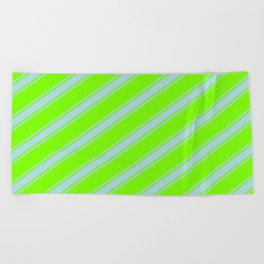 [ Thumbnail: Green & Light Blue Colored Stripes/Lines Pattern Beach Towel ]