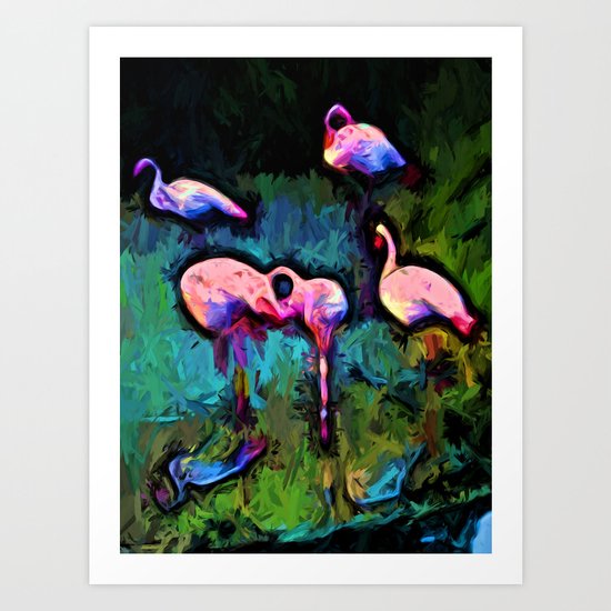 Pale Pink Flamingos with some Blue Art Print
