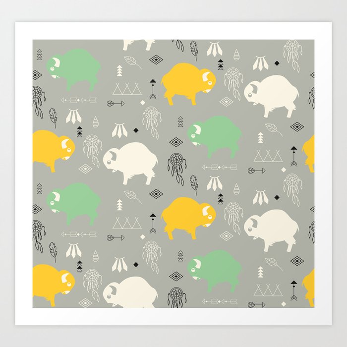 Seamless pattern with cute baby buffaloes and native American symbols, gray Art Print
