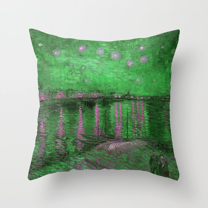 Starry Night Over the Rhone landscape painting by Vincent van Gogh in alternate emerald green with pink stars Throw Pillow