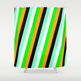 [ Thumbnail: Vibrant Lime, Orange, Black, Aquamarine & Mint Cream Colored Pattern of Stripes Shower Curtain ]