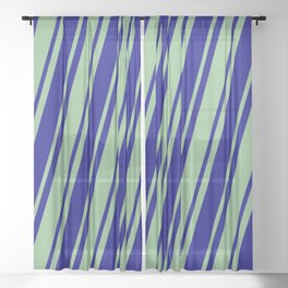 [ Thumbnail: Dark Sea Green & Blue Colored Striped/Lined Pattern Sheer Curtain ]