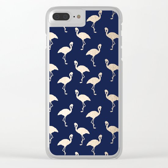 Gold Flamingo Pattern Navy Blue Clear iPhone Case