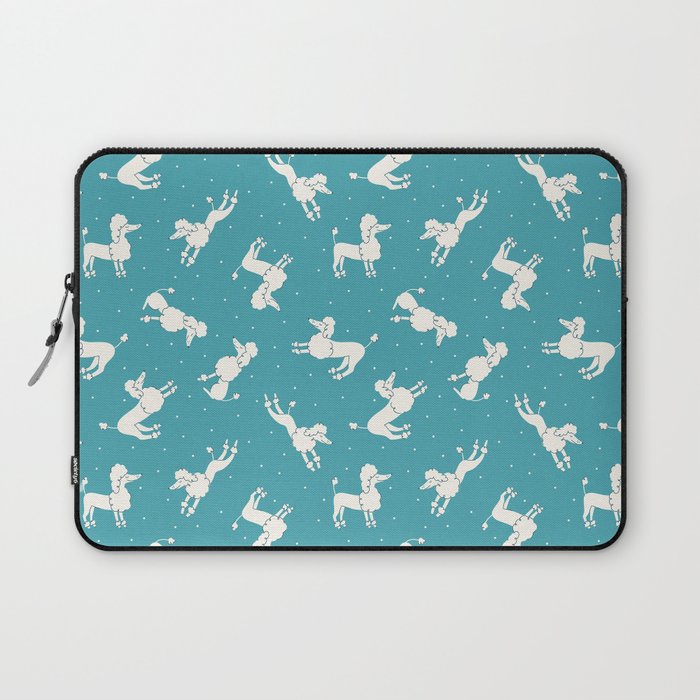 Cartoon poodles and polka dots on blue background Laptop Sleeve