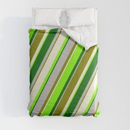 [ Thumbnail: Vibrant Beige, Chartreuse, Dark Green, Grey, and Green Colored Lined Pattern Comforter ]