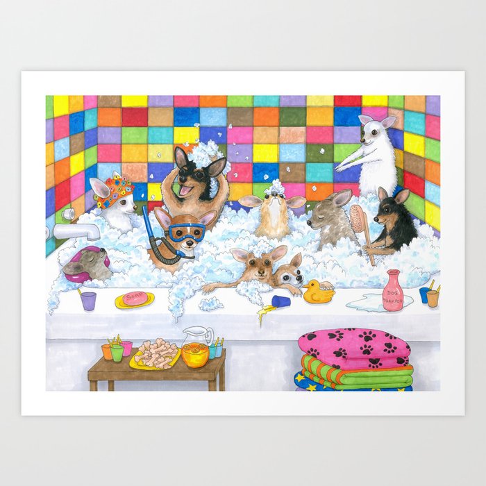 Funny Chihuahua Dogs in Bath Art Print