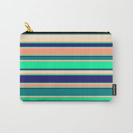[ Thumbnail: Vibrant Light Salmon, Green, Midnight Blue, Teal, and Bisque Colored Pattern of Stripes Carry-All Pouch ]
