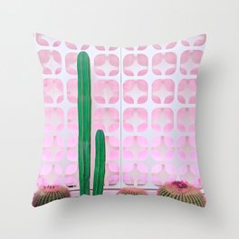 Mexican Fence Post and Barrel Cactus with Mid-Century Background Pattern Throw Pillow