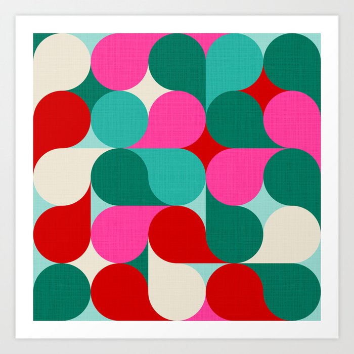 Retro Geo Christmas Drop Pattern - pink, teal, red, green Art Print