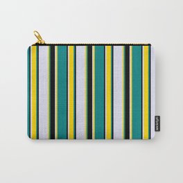 [ Thumbnail: Teal, Yellow, Lavender & Black Colored Striped Pattern Carry-All Pouch ]