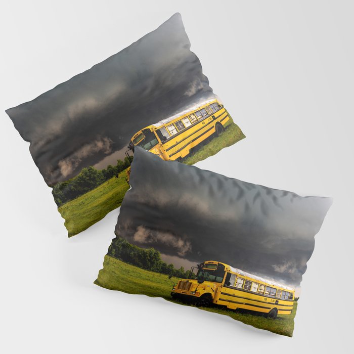 Thunder Bus - Thunderstorm Advances Over Old School Bus on Stormy Spring Day in Oklahoma Pillow Sham