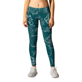Teal Blue and White Toys Outline Pattern Leggings