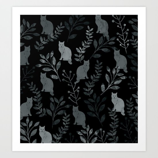 Watercolor Floral and Cat III Art Print