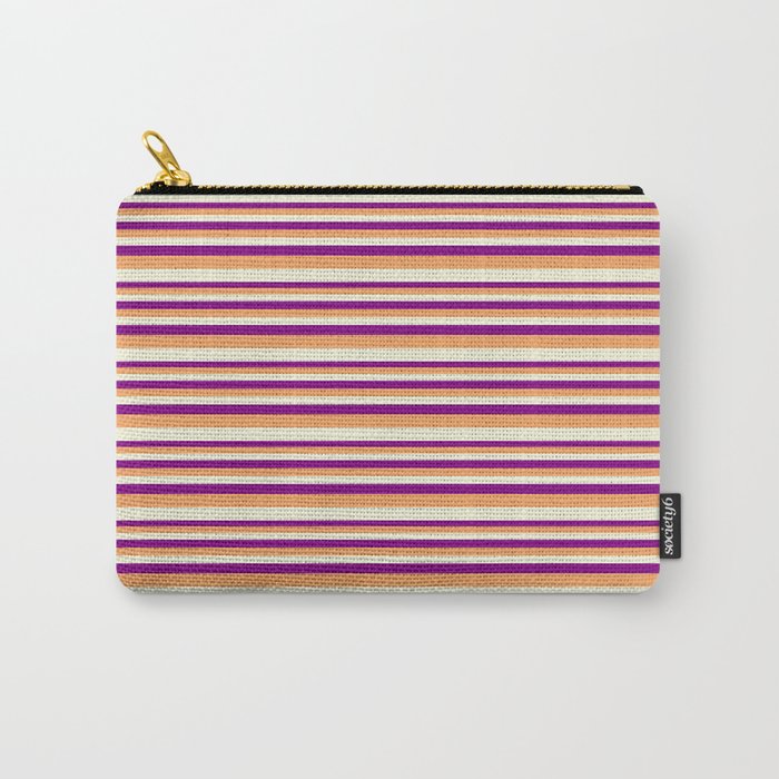 Purple, Brown & Beige Colored Striped/Lined Pattern Carry-All Pouch