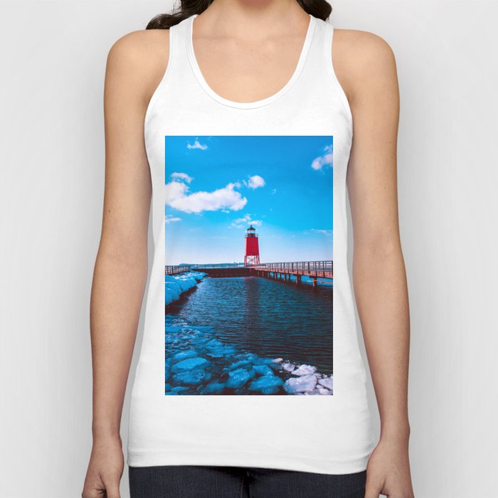 Winter day at the Charlevoix Michigan Lighthouse Tank Top