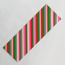 [ Thumbnail: Eye-catching Gray, Bisque, Hot Pink, Red & Green Colored Lines/Stripes Pattern Yoga Mat ]