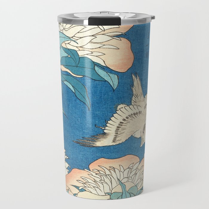 Peonies and Canary by Hokusai : Japanese Flowers Turquoise Peach Travel Mug