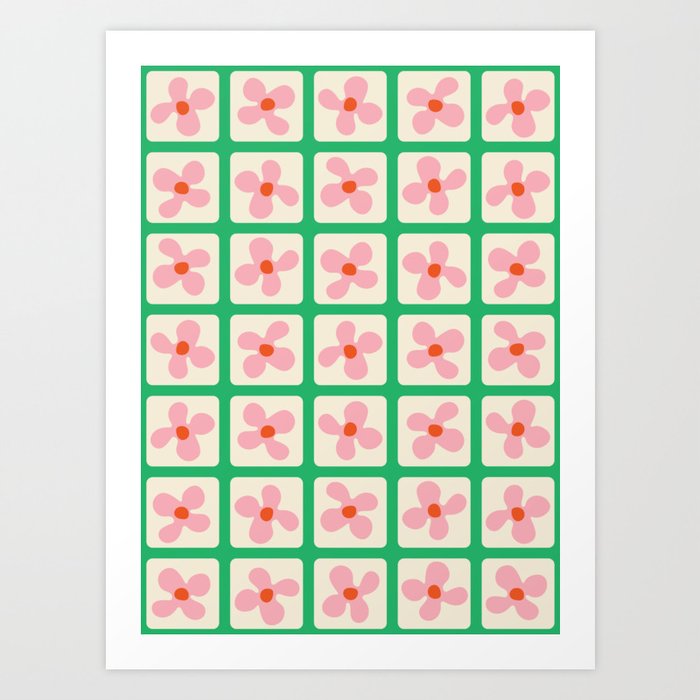 Retro Flowers Pattern - Green Pink Art Print