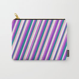 [ Thumbnail: Eye-catching Pink, Mint Cream, Orchid, Dark Orchid & Dark Cyan Colored Stripes Pattern Carry-All Pouch ]