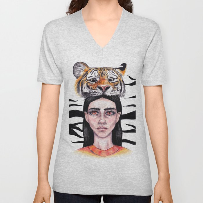 Femme tigre V Neck T Shirt