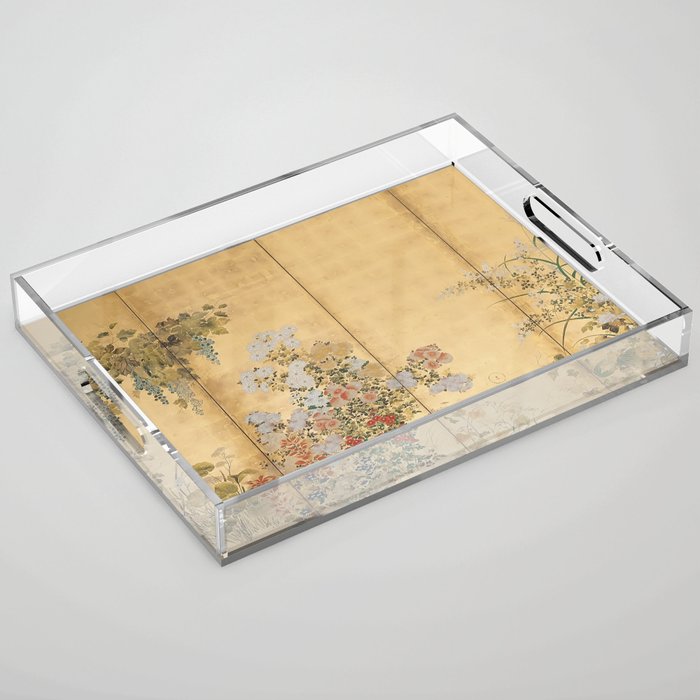 Japanese Edo Period Six-Panel Gold Leaf Screen - Spring and Autumn Flowers Acrylic Tray
