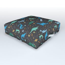 Dinosaurs in Space in Blue Outdoor Floor Cushion | Trex, Stars, Greendinosaur, Dinosaurs In Space, Spacedinosaur, Space, Graphicdesign, Dino, Planet, Triceratops 