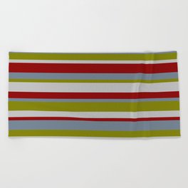 [ Thumbnail: Slate Gray, Green, Grey & Dark Red Colored Pattern of Stripes Beach Towel ]