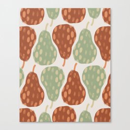 Pears on Dots, Hand-painted Autumn Fruit Pattern in Light Beige, Green and Terracotta Colors Canvas Print