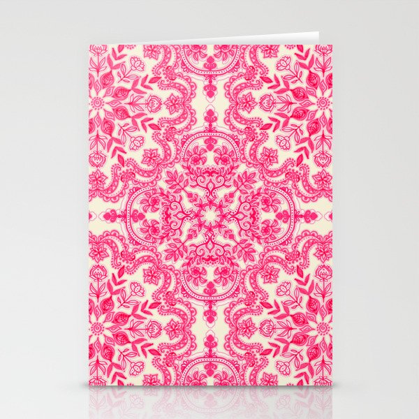 Hot Pink & Soft Cream Folk Art Pattern Stationery Cards
