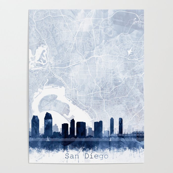 San Diego Skyline & Map Watercolor Navy Blue, Print by Zouzounio Art Poster