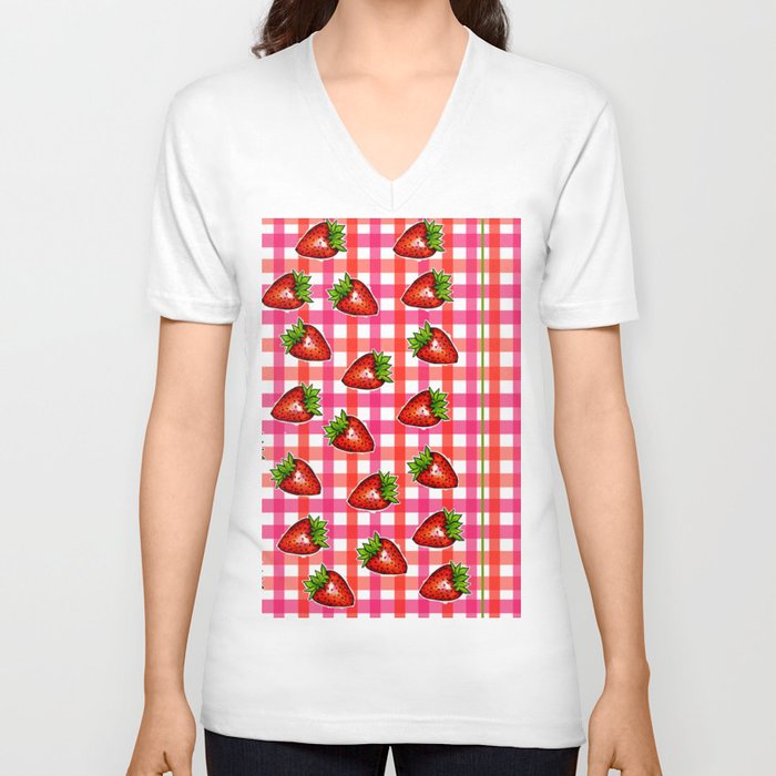 Gingham: Strawberry Flavor II V Neck T Shirt